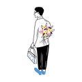 Man in tuxedo suit is standing with gift bag and hiding bouquet of flowers behind the back. Hand drawn vector sketch Royalty Free Stock Photo