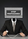 Man with tv head, stop mass media propaganda concept