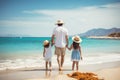 A man and two children enjoying a leisurely walk along the sandy shores of a beautiful beach, Happy family enjoying together on