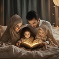 Man and Two Children Reading Book in Bed Royalty Free Stock Photo