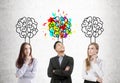 Man and two women and brain sketches Royalty Free Stock Photo