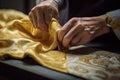 a man is tying a knot in a gold tie