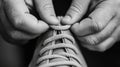 A man tying a shoe lace with his hands in black and white, AI Royalty Free Stock Photo