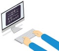 Man types on keyboard and displays text on monitor. Software developer code sample, programming Royalty Free Stock Photo
