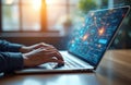 Man types on laptop with digital interface. Online business solution, IT technology for networking, data processing, cloud Royalty Free Stock Photo