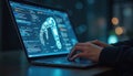 Man types on laptop keyboard. Robotic arm illustration on display. AI chatbot, artificial intelligence, futuristic tech,