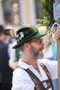 2018: Man in typical bavarian leather pants attending the Gay Pride parade also known as Christopher Street Day CSD in Munich, G