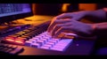 Man typing on keyboard close-up view with cinematic lighting colors purple and orange