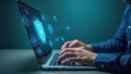 Man is typing on a laptop with a blue screen that has a security symbol on it Royalty Free Stock Photo