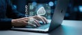 Man typing on laptop with cloud computing interface, data servers and network diagram Concept of digital transformation, Royalty Free Stock Photo
