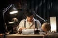 Man Typing on Old Typewriter 1950s Scene Setup