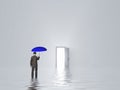 Man with umbrella in pure white room