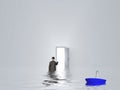 Man with umbrella in pure white room