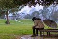 Man with umbrella sits under tree, holds red flower on park bench, rainy spring Royalty Free Stock Photo