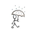 Man with umbrella walking in the rain. Rainy day, Rainy weather. Hand drawn. Stickman cartoon. Doodle sketch, Vector graphic