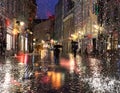 Man with umbrella walking on rainy street pavement blurred city light reflection rain drops fall in Tallinn old town Estonia