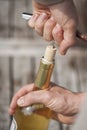 Man uncorking a bottle of white wine with a corkscrew Royalty Free Stock Photo