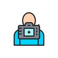 Man under the camera lens flat color line icon.