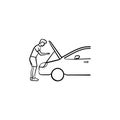 Man under the hood of car hand drawn outline doodle icon.
