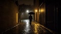 man under the rain with an umbrella in a dark street - generative AI Royalty Free Stock Photo