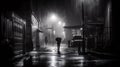 man under the rain with an umbrella in a dark street - generative AI Royalty Free Stock Photo