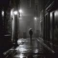 man under the rain with an umbrella in a dark street - generative AI Royalty Free Stock Photo