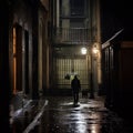 man under the rain with an umbrella in a dark street - generative AI Royalty Free Stock Photo