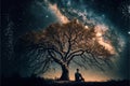 Man under a tree in front of the universe, creative digital illustration painting