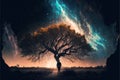 Man under a tree in front of the universe, creative digital illustration painting
