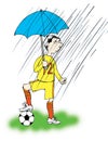 Man under umbrella is plaing the football