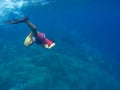 Man under water in the blue sea, snorkeler in the deep blue sea Royalty Free Stock Photo