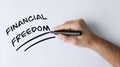 Man underlining words Financial Freedom on white background, top view