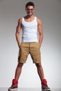 Man in undershirt and shorts smiling Royalty Free Stock Photo