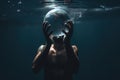 A man underwater holds a crystal ball in the shape of the planet Earth in his hands, generative AI Royalty Free Stock Photo