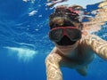 A man with an underwater mask swims in the Sea