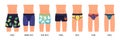 Man underwear types wearing on body. Male fashion model in various underpants. Casual clothes elements. Cotton