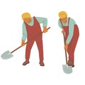 man in uniform digs from two foreshortening: front and side. builder in a yellow cap. farmer in overalls. vector flat.