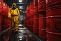 Man yellow science waste safety equipment industrial dangerous barrel technician mask toxic hazard protective