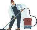 Man In Uniform with a vacuum cleaner. Janitor Vacuuming House Floor. Professional Cleaning service Royalty Free Stock Photo