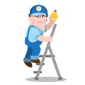 A man in uniform working climbs up the ladder and twists bulb Royalty Free Stock Photo