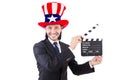 Man with USA hat and movie board isolated