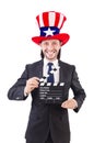 Man with USA hat and movie board isolated