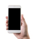 man use Isolated hand holding a phone with Smart phone white screen Royalty Free Stock Photo