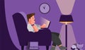 Man use laptop while sit in sofa, business man work from home till late night in cartoon flat illustration vector Royalty Free Stock Photo
