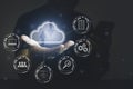 Man use mobile with cloud computing diagram show on hand. Cloud technology. Data storage. Networking and internet service concept Royalty Free Stock Photo