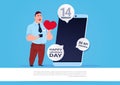 Man Use Smart Phone Sending Happy Valentines Day Congradulations Over Blue Background