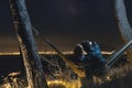 Man use smartphone Takes a selfie, photo picture. Couple relaxing in a hammock. View from the top of the mountain to the lights of