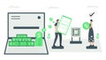 The man uses application to scan QR code for money paying. It can instead of account book directly. Minimal green monochromatic