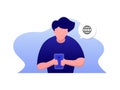 Man uses his handphone or smartphone, browsing web illustration concept, front view, vector flat style