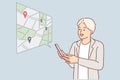 Man uses navigator on phone and builds route on map or looks for location of institution of interest
